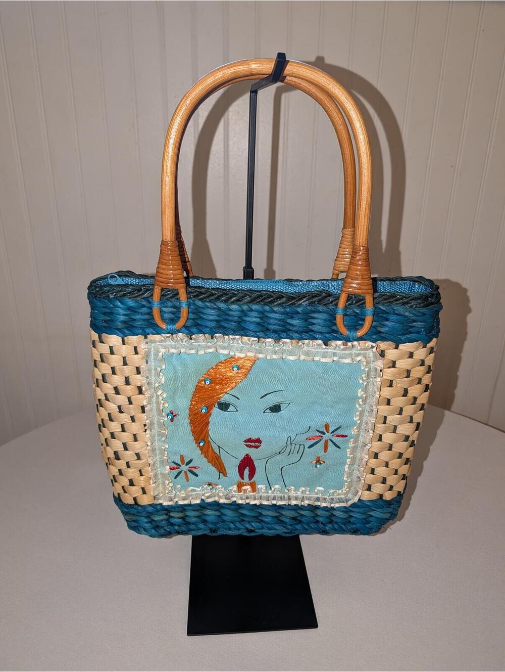 Vintage Unique Handwoven Straw Tote  with Embroidered Art Panel Bamboo Handles